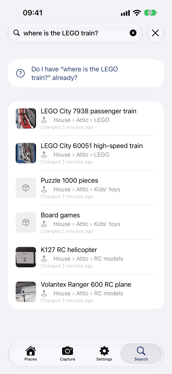 Neatkept search: “where is the LEGO train?” answered with the two LEGO trains, each in House › Attic › LEGO, with photos